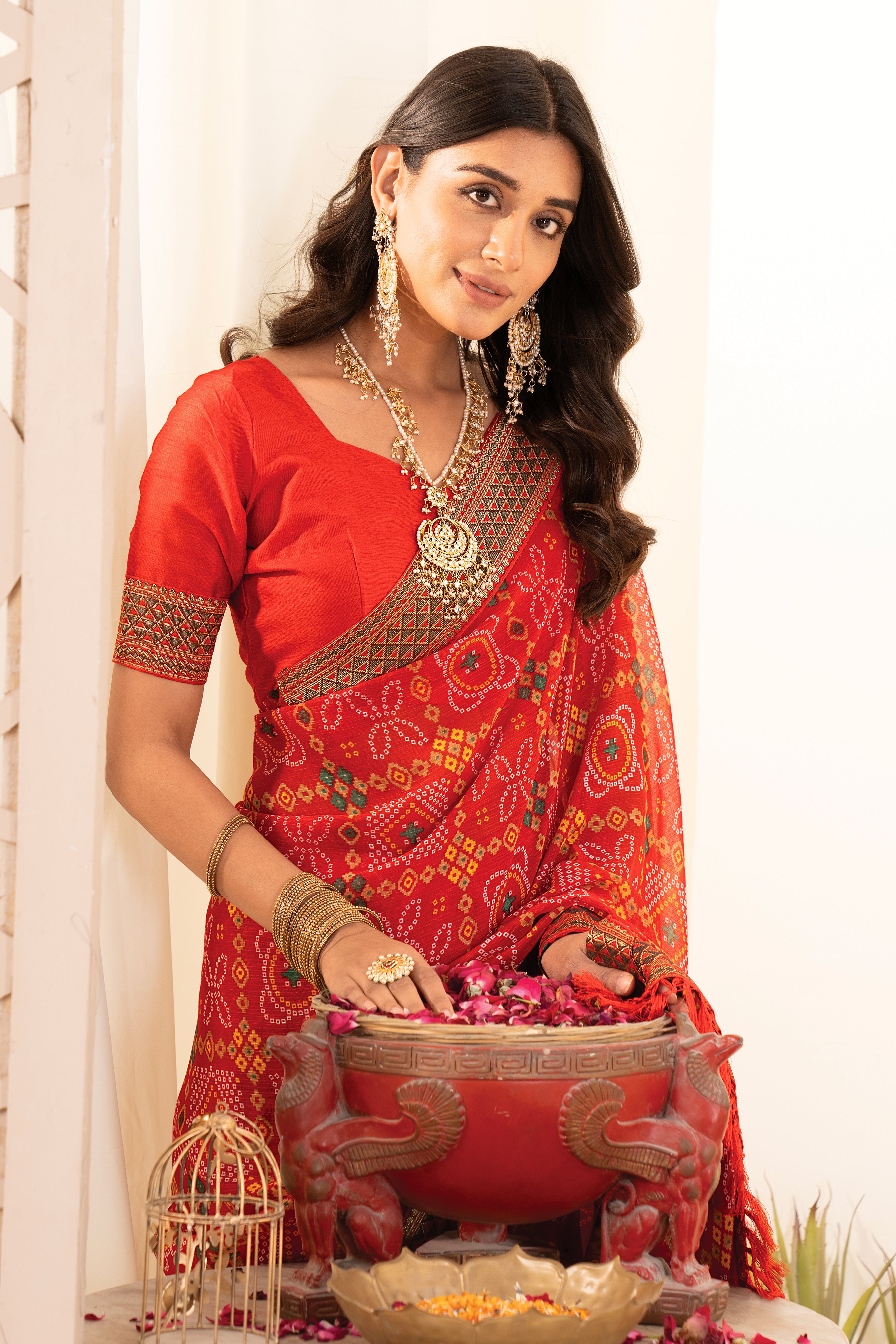 Regal Red Bandhani Georgette Saree